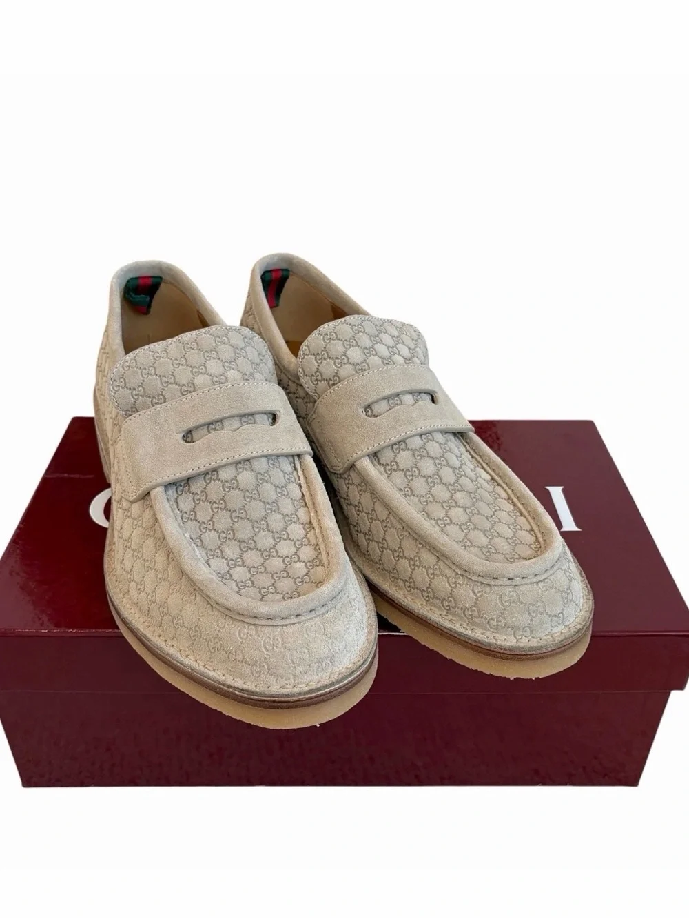 NWT Gucci Beige Suede Monogram Penny Loafers US 9